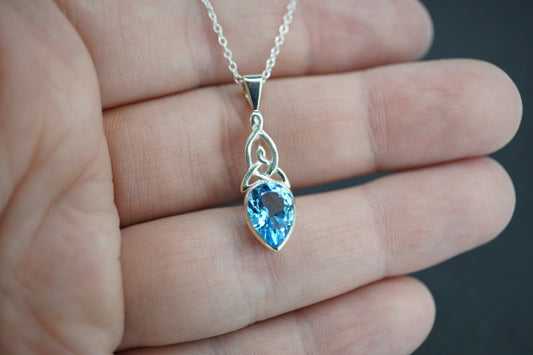 Blue Topaz Sterling Silver Drop Celtic Pendant