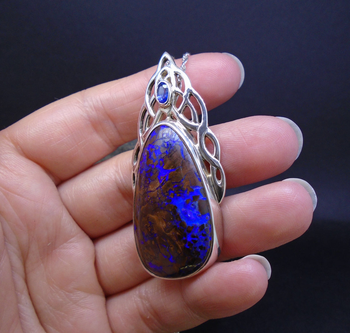 Koroit Opal & Sapphire Sterling Silver Celtic Pendant image 3