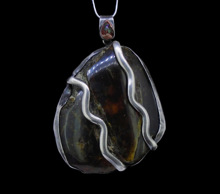 Blue Amber & Mexican Fire Opal  Sterling Silver Pendant image 0