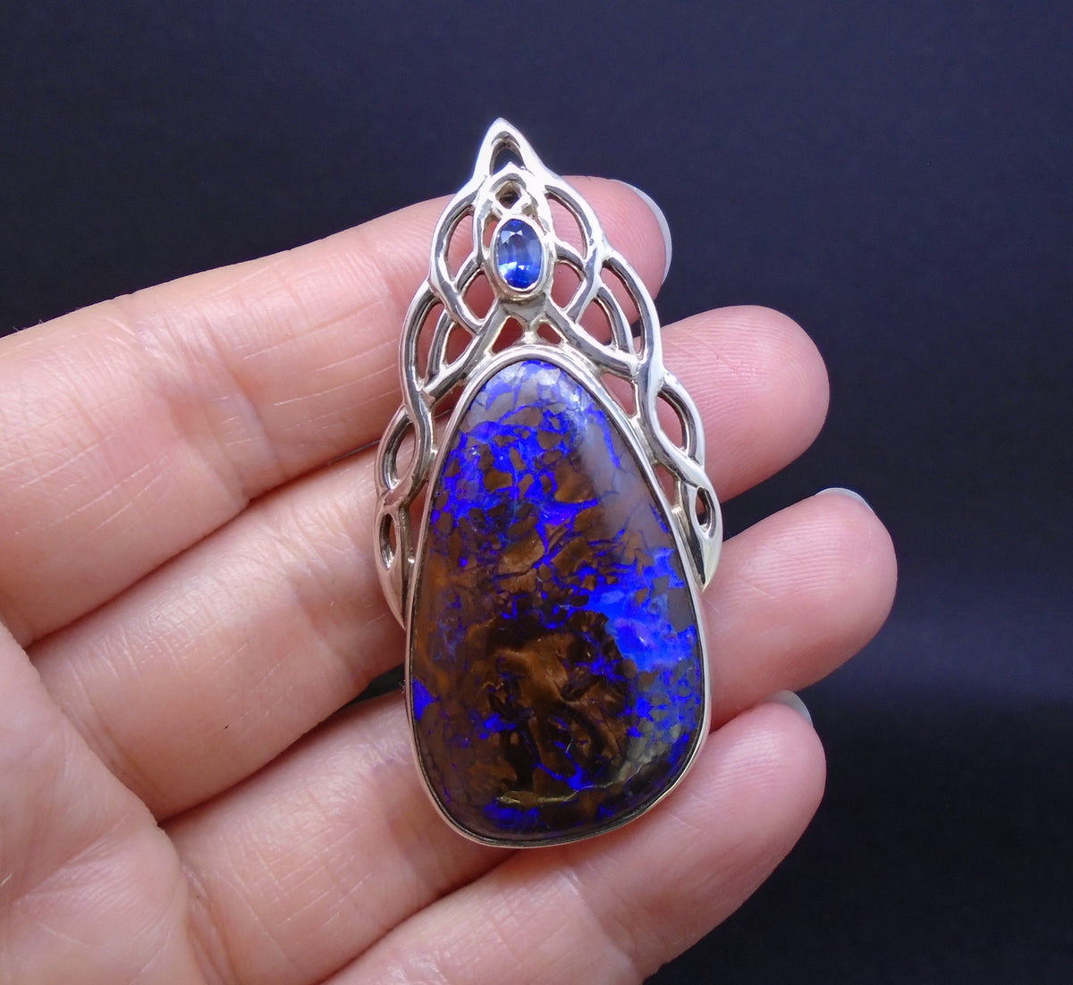 Koroit Opal & Sapphire Sterling Silver Celtic Pendant image 1