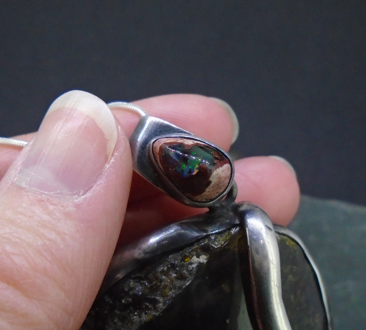 Blue Amber & Mexican Fire Opal  Sterling Silver Pendant image 7