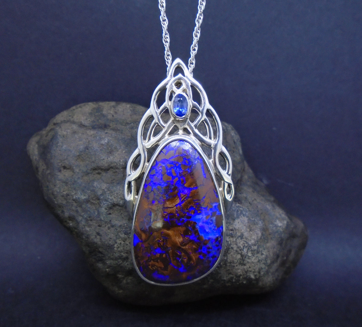 Koroit Opal & Sapphire Sterling Silver Celtic Pendant image 4