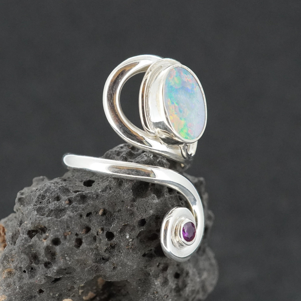Opal Doublet & Pink Tourmaline Sterling Silver Wrap Ring image 3