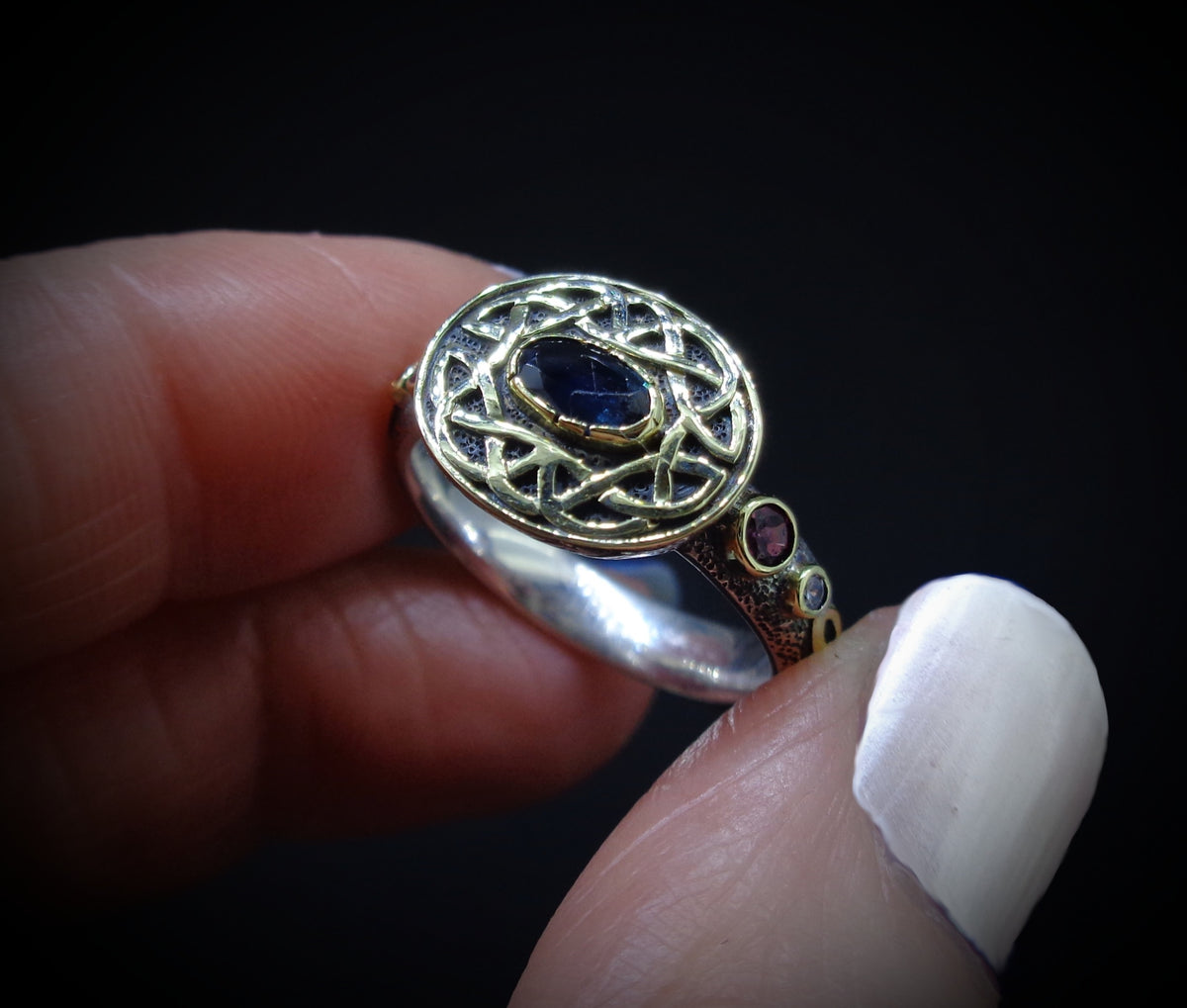 'Sæla' Scottish Sapphire, Garnet & Diamond Scottish Gold Sterling Silver Ring image 5