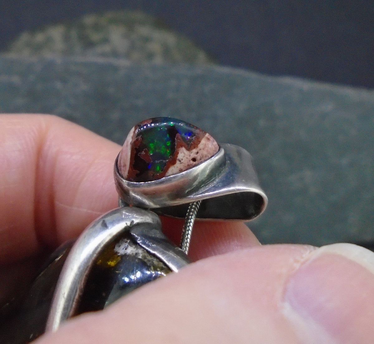 Blue Amber & Mexican Fire Opal  Sterling Silver Pendant image 4