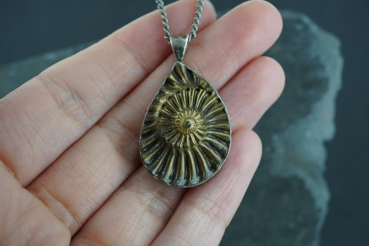 Ammonite Fossil Negative Sterling Silver Hammered Pendant image 1