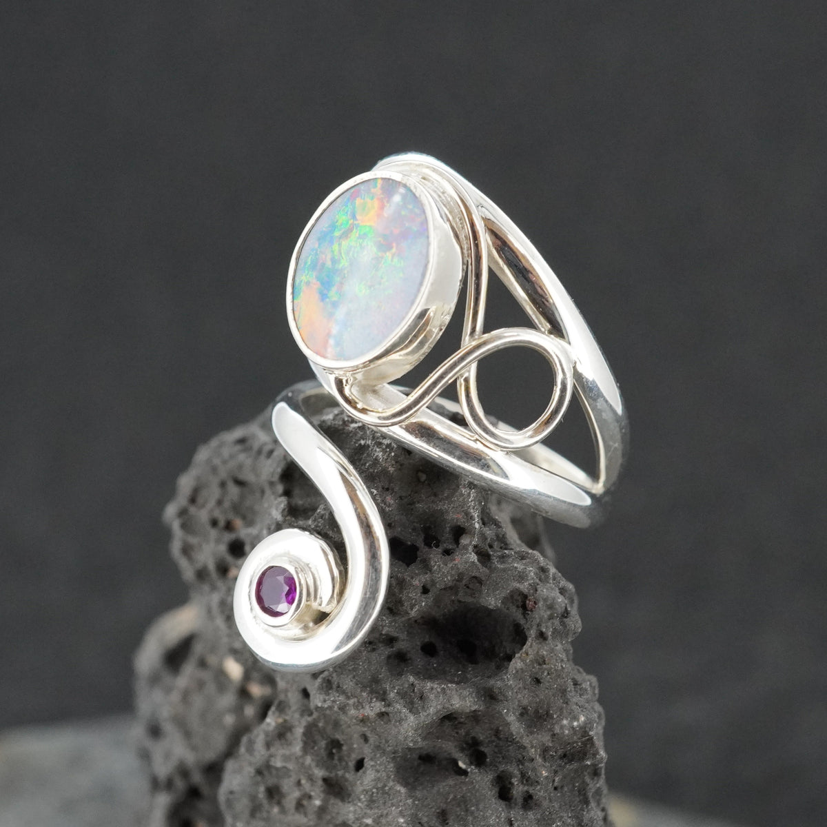Opal Doublet & Pink Tourmaline Sterling Silver Wrap Ring image 2