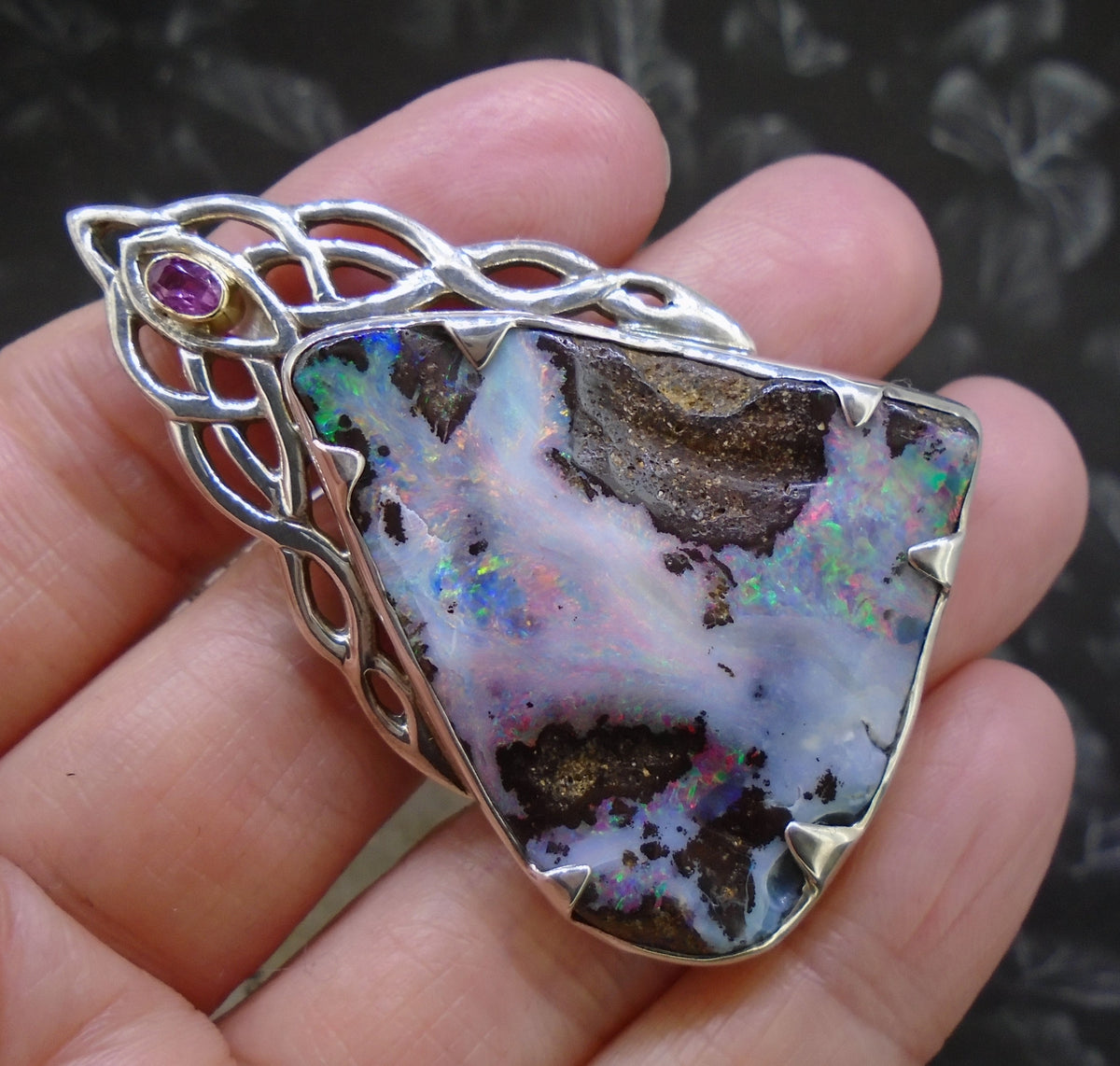 Boulder Opal  & Rose Sapphire Sterling Silver Celtic Pendant