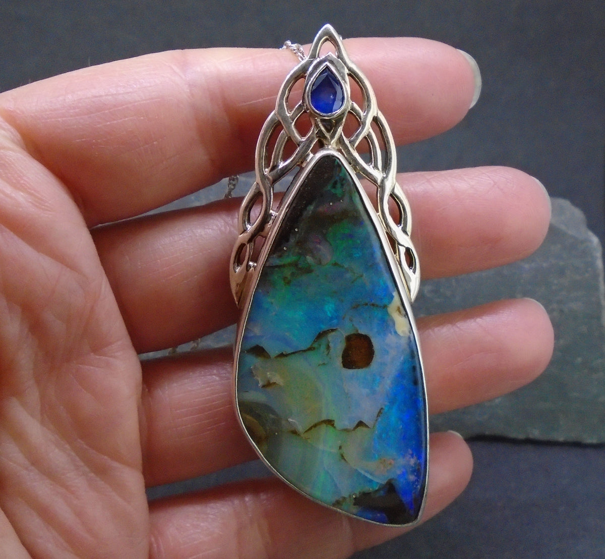 Boulder Opal  & Sapphire Sterling Silver Celtic Pendant