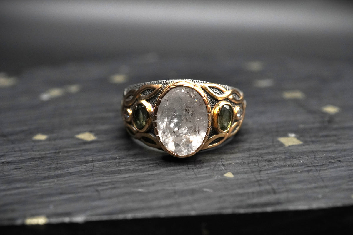 Herkimer 'Diamond', Moldavite & Diamond Ring with 18ct Gold & Sterling Silver