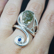Moldavite & Sapphire Sterling Silver Ring