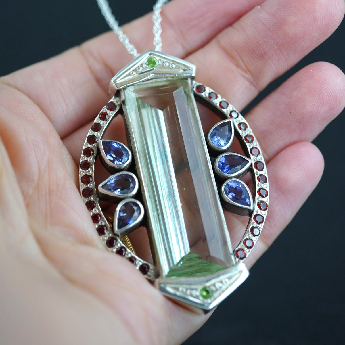 Edinburgh Sea Glass Sterling Silver Faceted Pendant with Peridot and Garnet