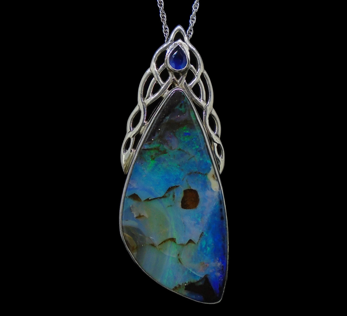 Boulder Opal  & Sapphire Sterling Silver Celtic Pendant