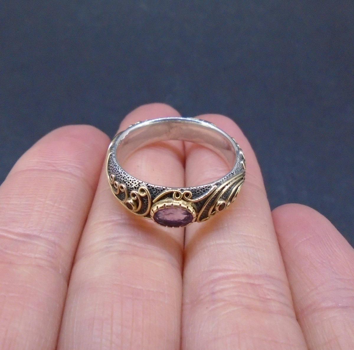 'Tonn-mara' Scottish Amethyst & Elie Ruby Scottish Gold & Silver Ring