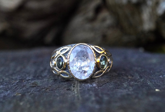 Herkimer 'Diamond', Moldavite & Diamond Ring with 18ct Gold & Sterling Silver