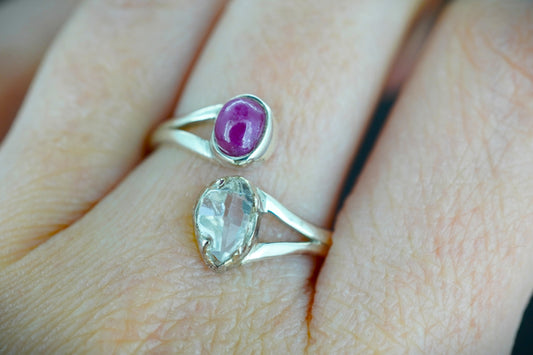 Ruby & Herkimer Diamond Two Stone Sterling Silver Ring