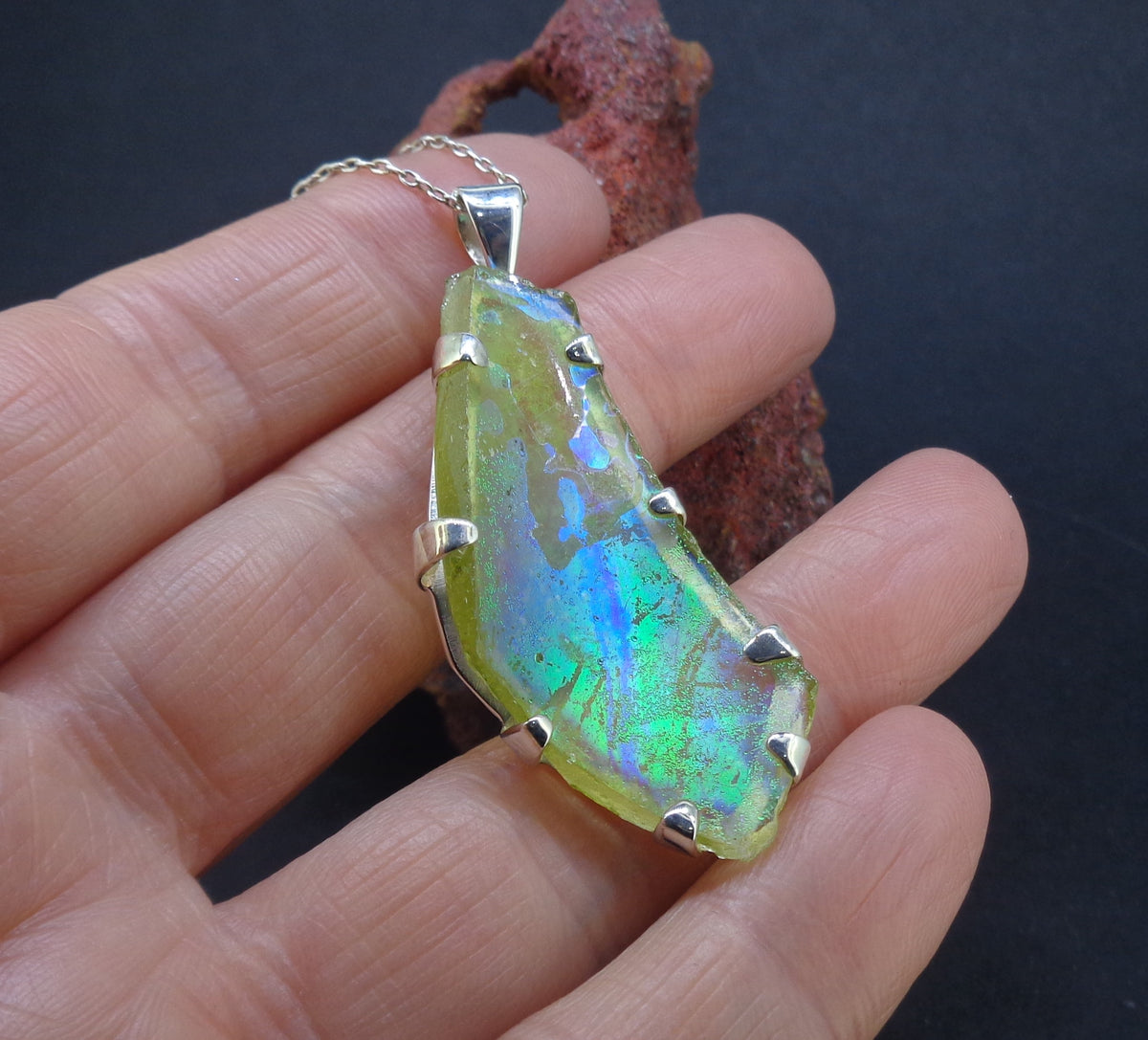 Ancient Roman Glass Sterling Silver Pendant