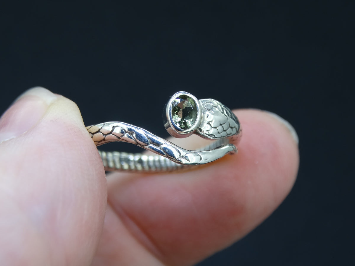 Faceted Moldavite Sterling Silver Snake Ring