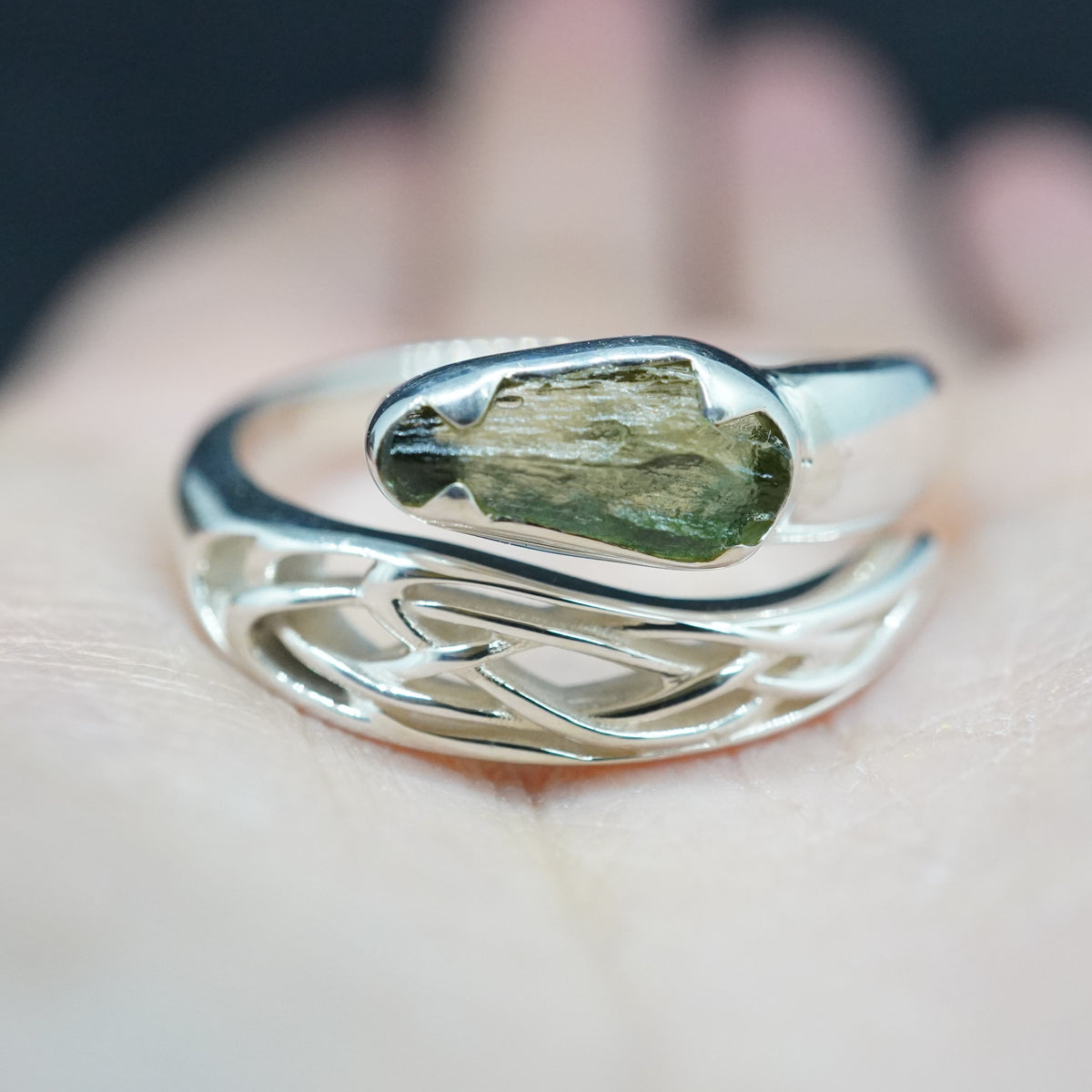Moldavite Sterling Silver Celtic  Ring
