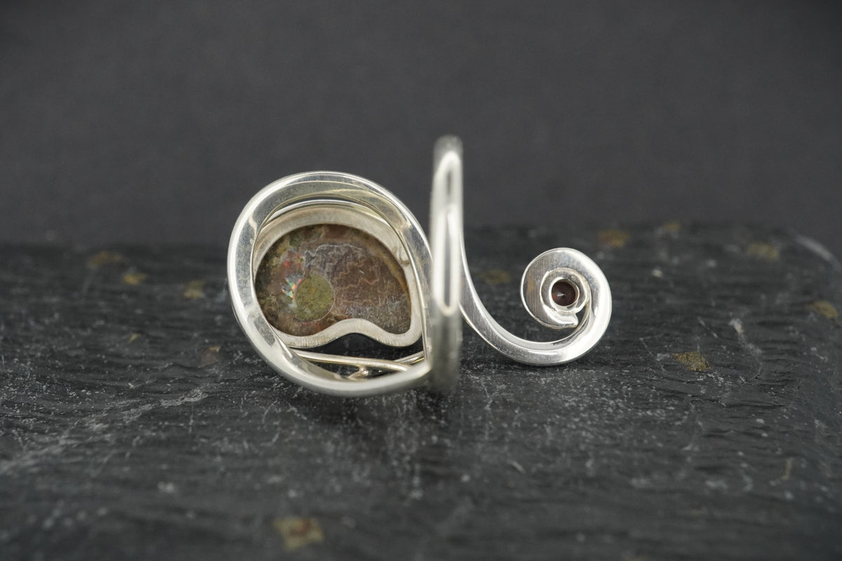 Ammonite & Red Garnet Sterling Silver Ring