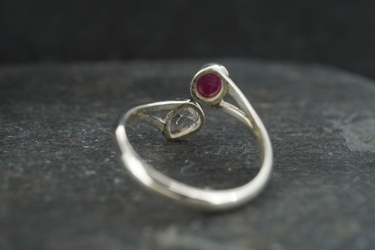 Ruby & Herkimer Diamond Two Stone Sterling Silver Ring