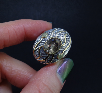 'Tatha' Perthshire Smoky Quartz & Misty Diamond, Scottish Gold & Silver Ring