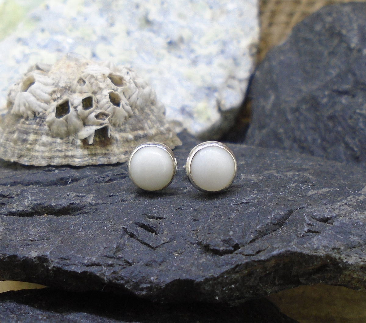 Round 6mm Iona Marble Sterling Silver Stud Earrings