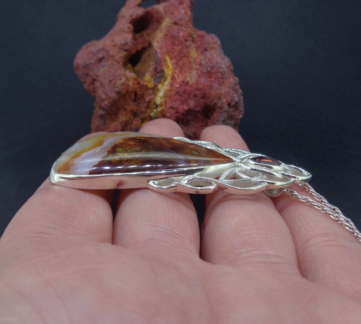 Arizona Fire Agate & Garnet Sterling Silver Celtic Pendant