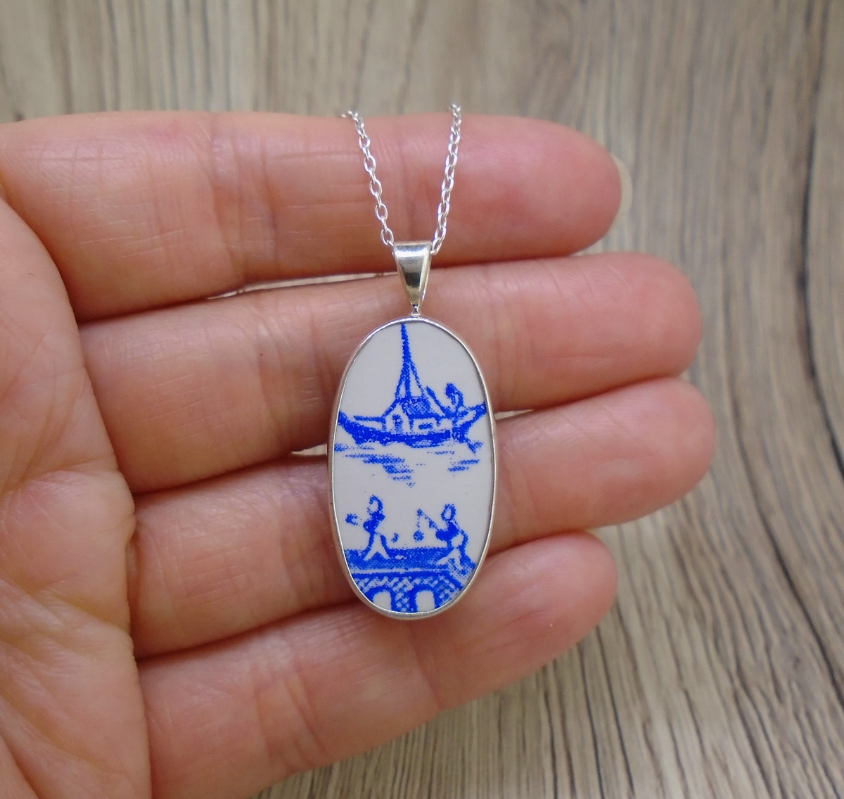 Old Willow Boat & Bridge Sterling Silver Pendant