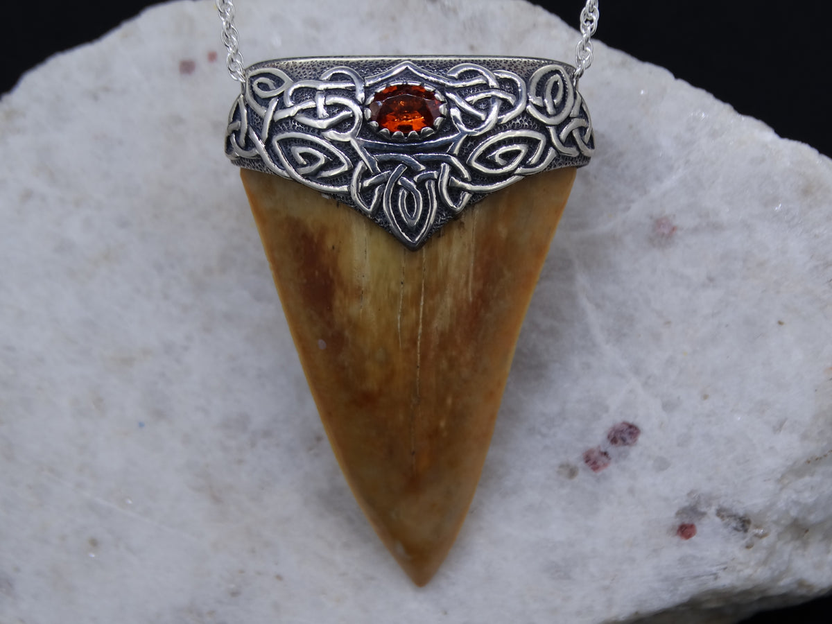 Great White Shark Tooth and Garnet Sterling Silver Pendant