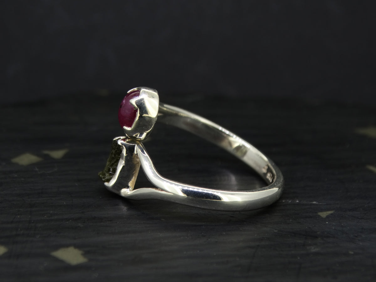 Ruby and Moldavite Sterling Silver Ring