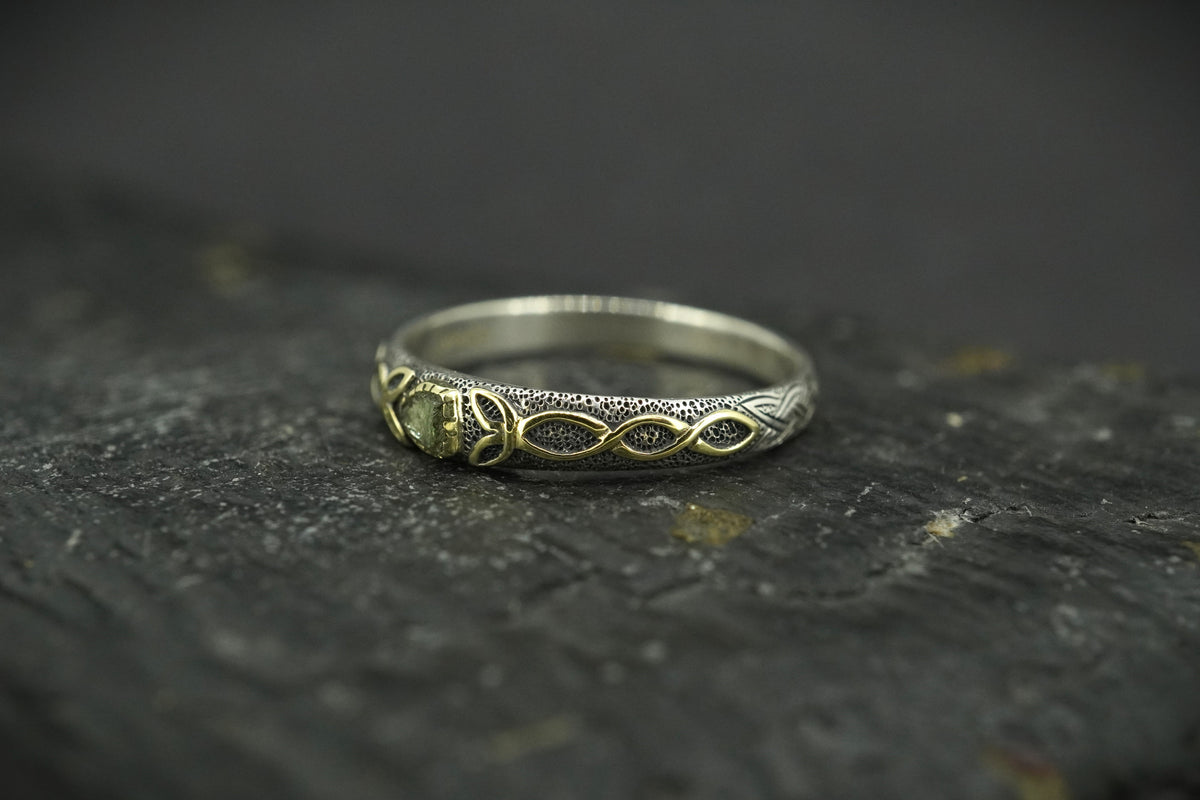 Green Scottish Sapphire Rough Shard with Scottish Gold Celtic Ring