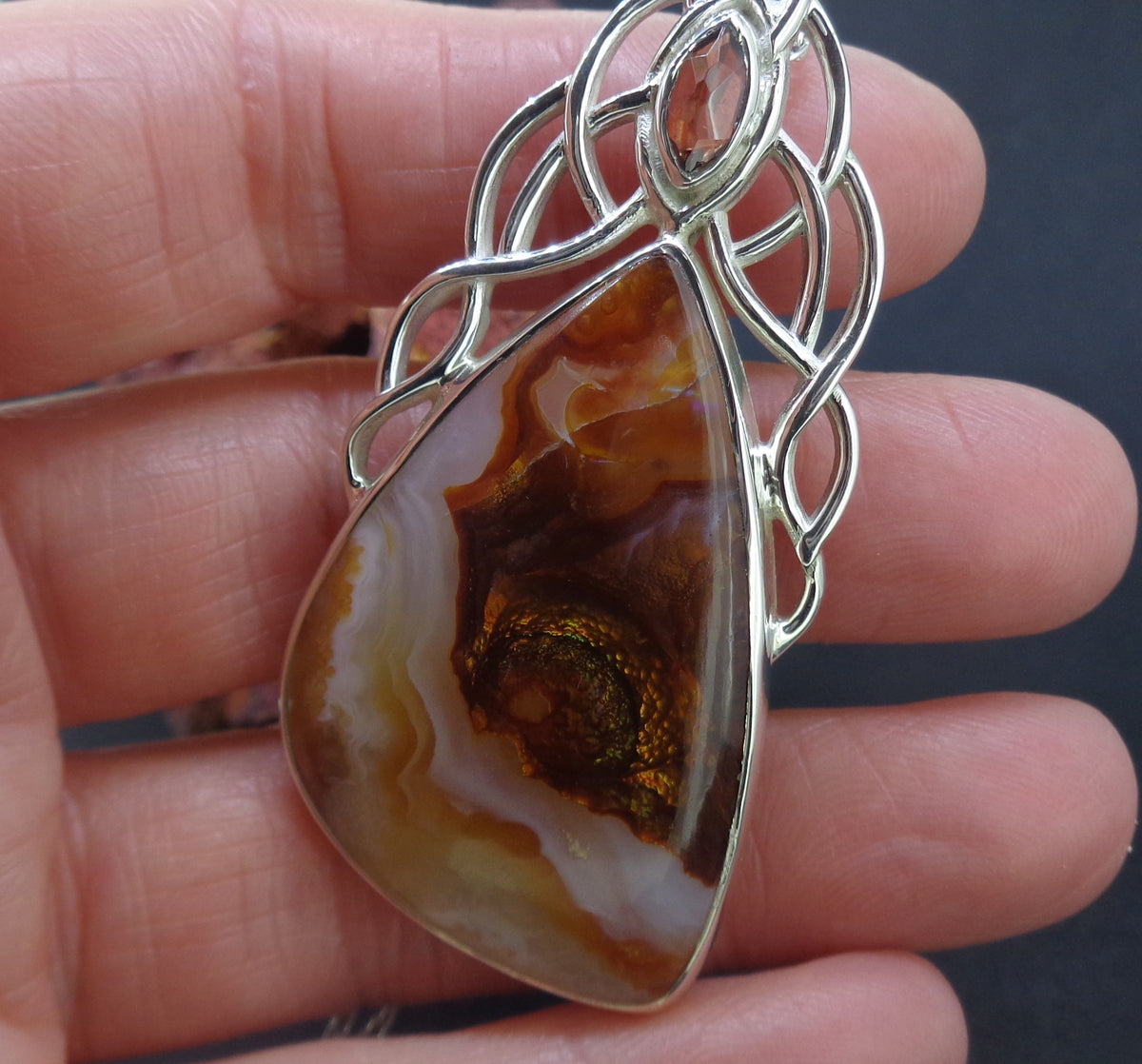 Arizona Fire Agate & Garnet Sterling Silver Celtic Pendant