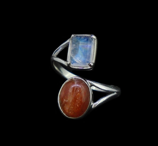 Sunstone & Moonstone Sterling Silver Adjustable Ring