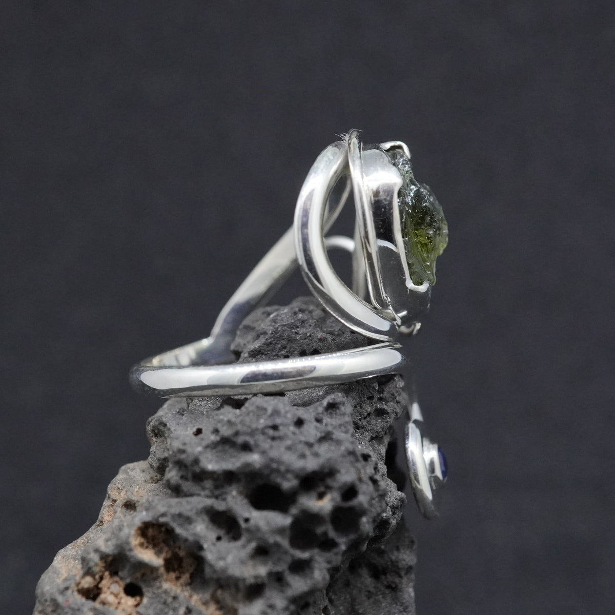 Moldavite & Sapphire Sterling Silver Ring