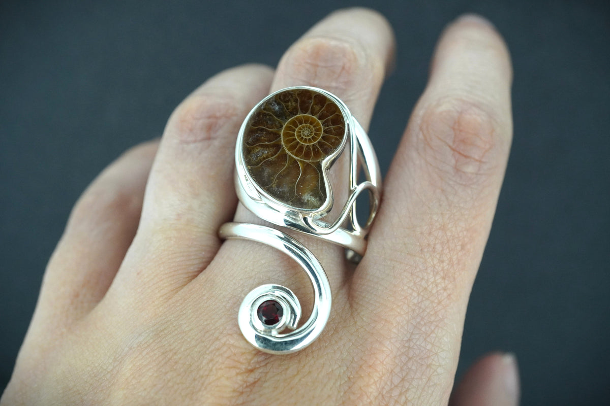 Ammonite & Red Garnet Sterling Silver Ring