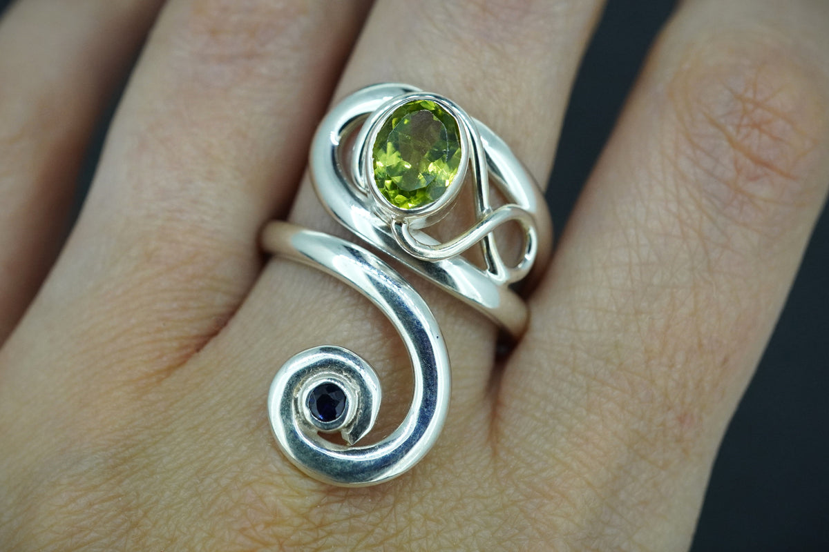 Peridot with Blue Sapphire Sterling Silver Wrap Ring