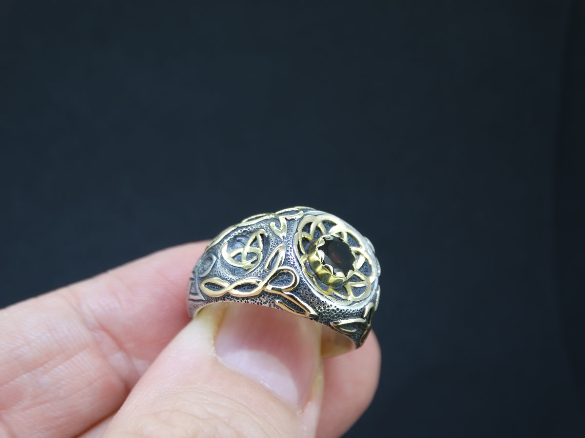 Cairngorm Quartz Scottish Gold and Silver Celtic Design Ring