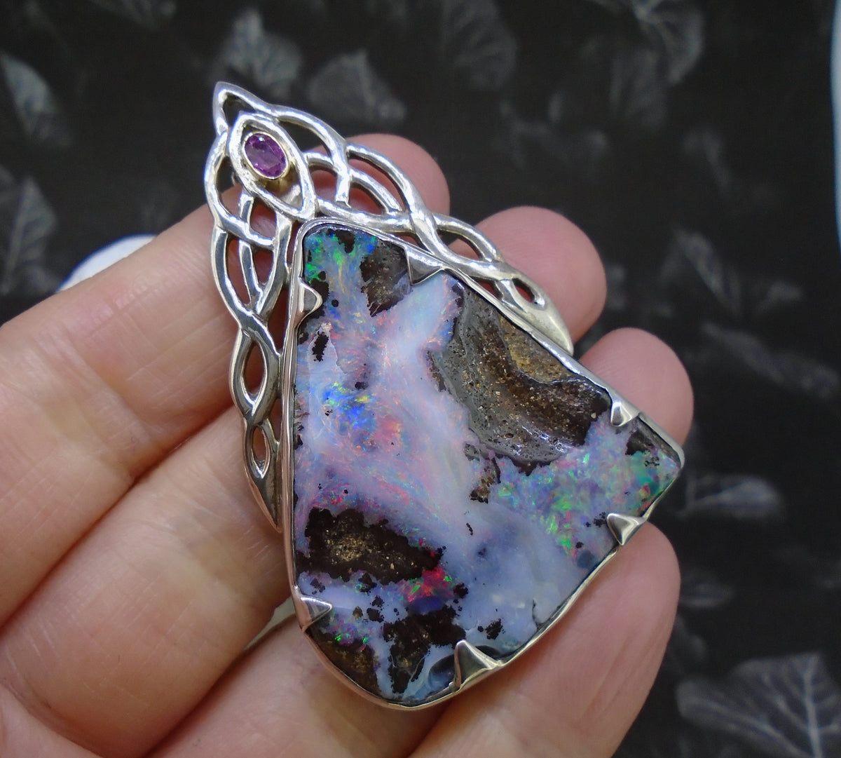 Boulder Opal  & Rose Sapphire Sterling Silver Celtic Pendant