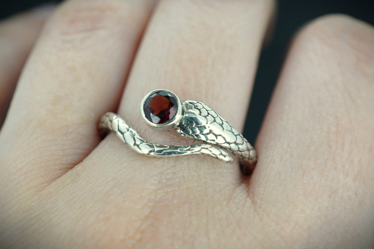 Round Garnet Sterling Silver Serpent Ring