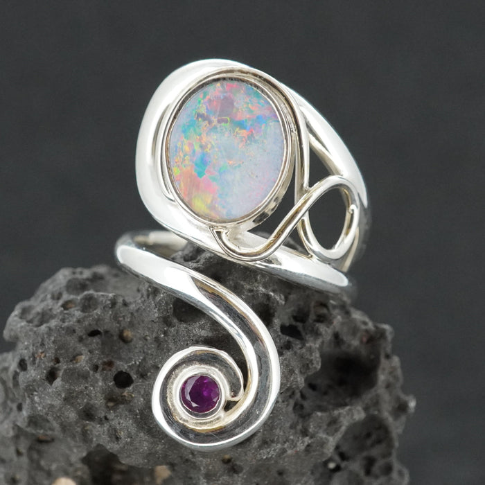 Opal Doublet & Pink Tourmaline Sterling Silver Wrap Ring