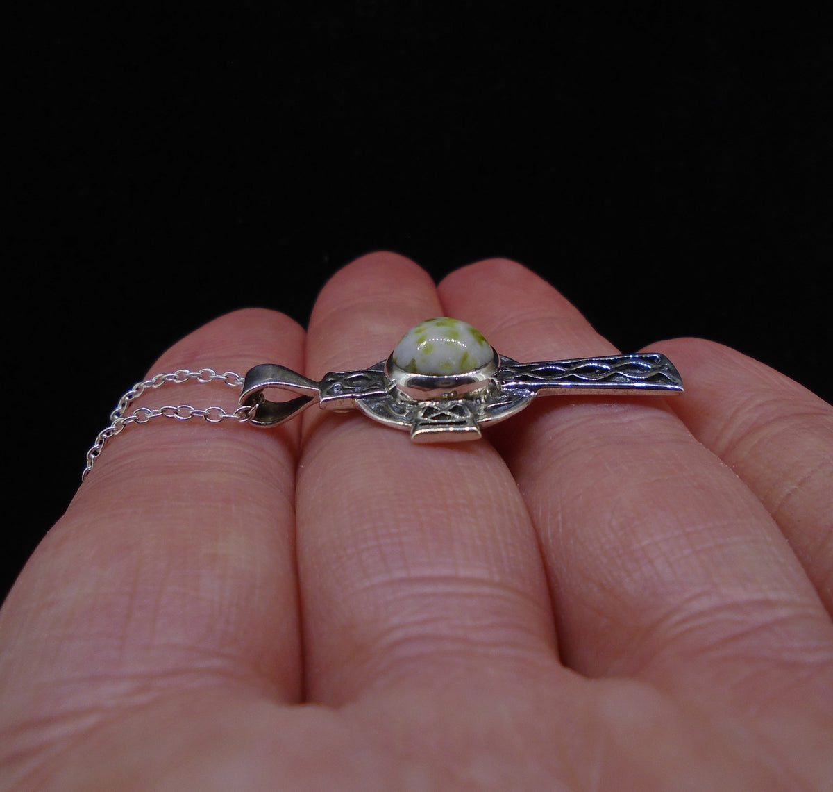 Iona Marble Celtic Cross Sterling Silver Pendant