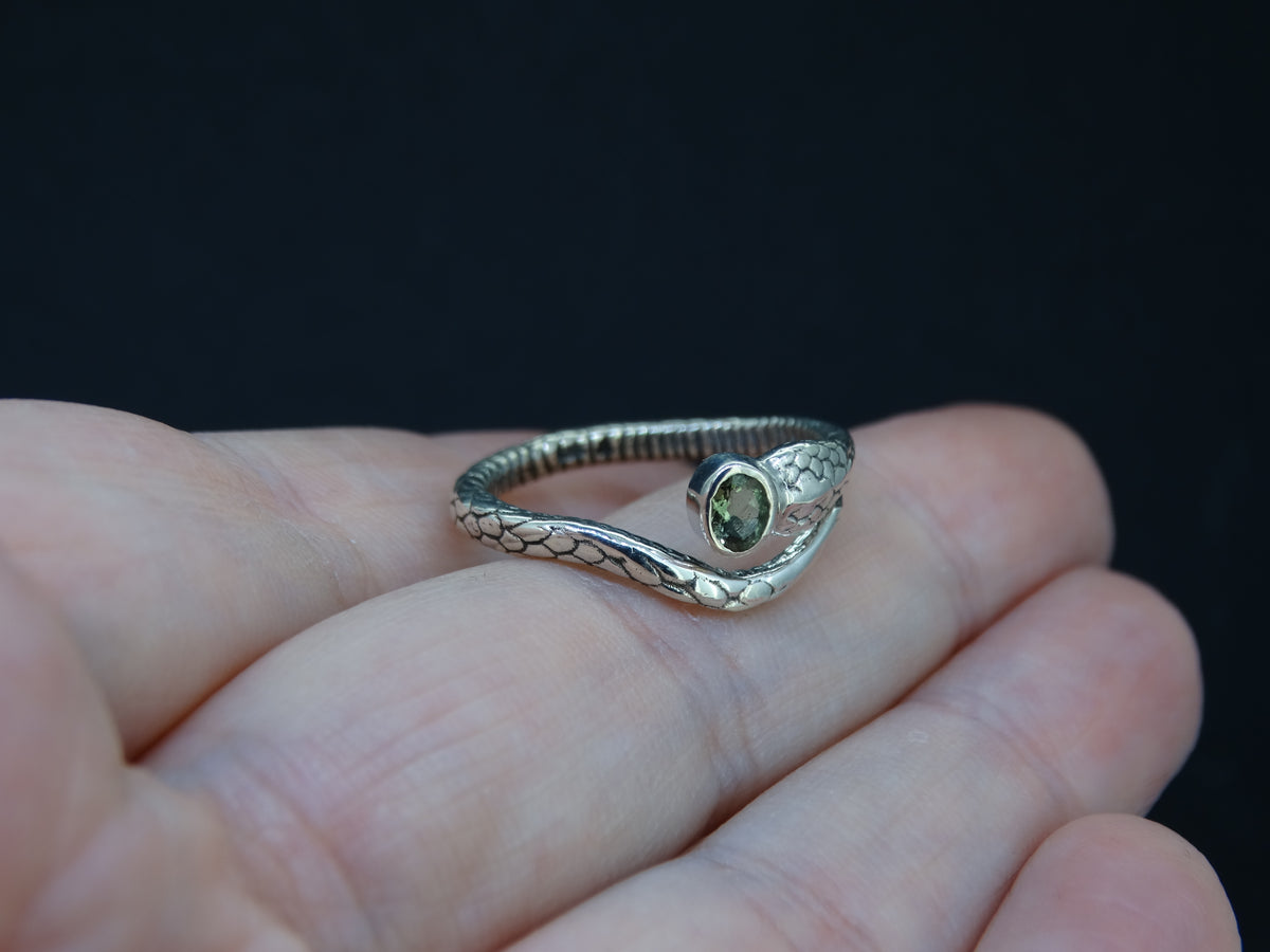 Faceted Moldavite Sterling Silver Snake Ring