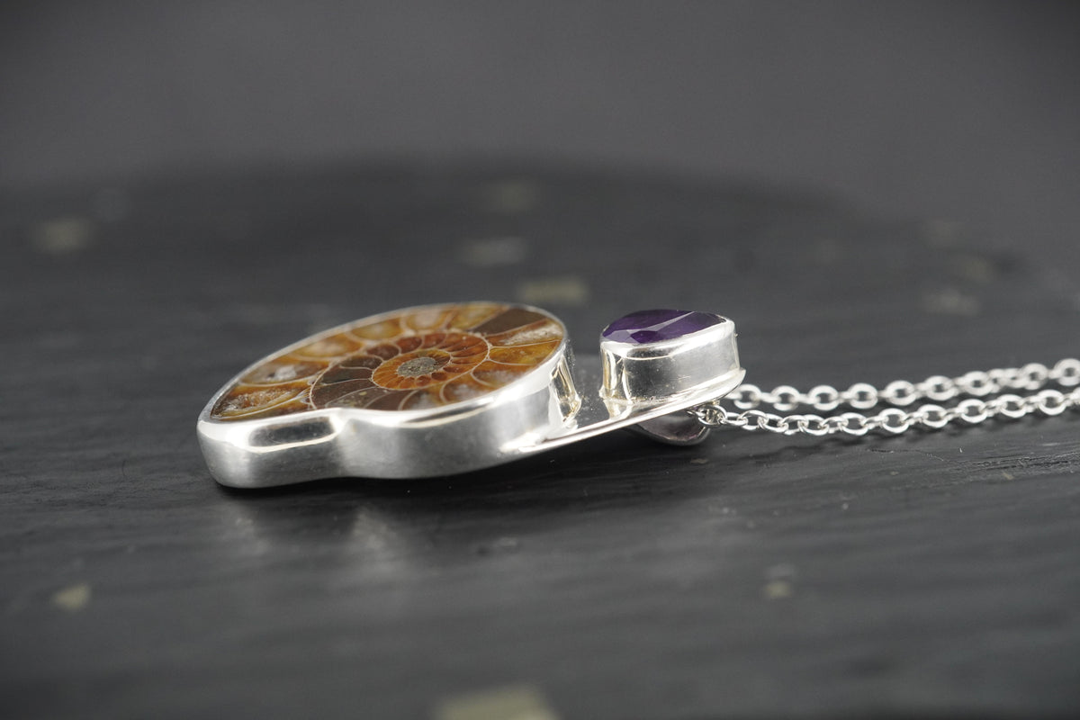 Ammonite & Amethyst Sterling Silver Pendant