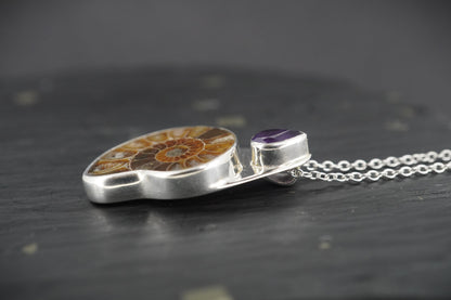 Ammonite & Amethyst Sterling Silver Pendant