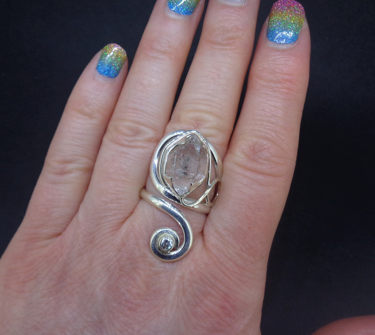 Herkimer Diamond & Zircon Sterling Silver Adjustable Ring
