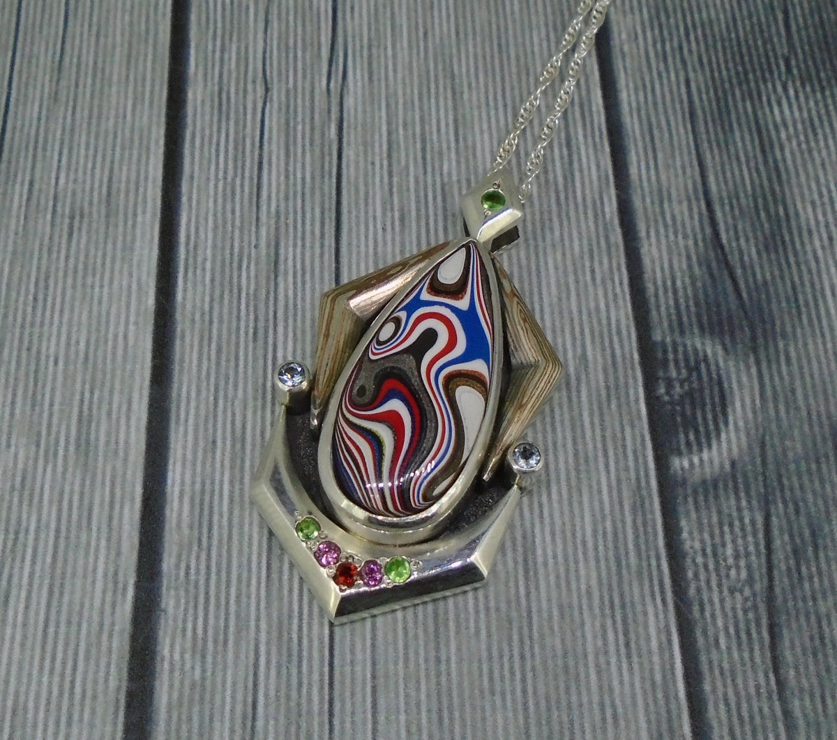 Fordite & Multi-Gemstone Sterling Silver Pendant
