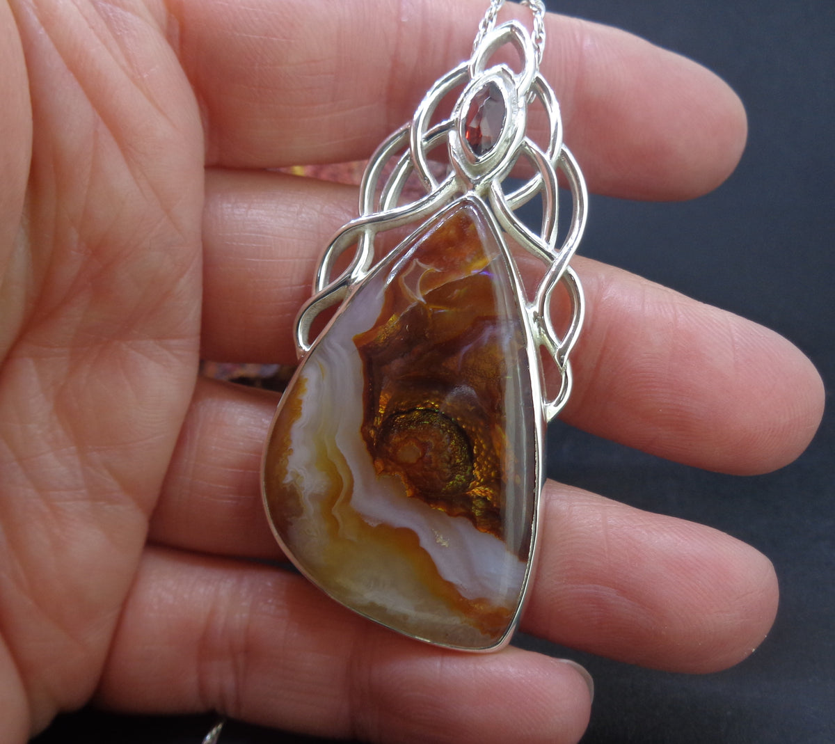 Arizona Fire Agate & Garnet Sterling Silver Celtic Pendant