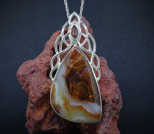 Arizona Fire Agate & Garnet Sterling Silver Celtic Pendant