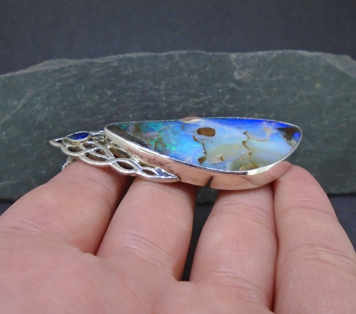 Boulder Opal  & Sapphire Sterling Silver Celtic Pendant